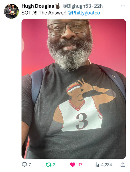 Hugh Douglas wearing an Allen Iverson t-shirt from Phillygoat