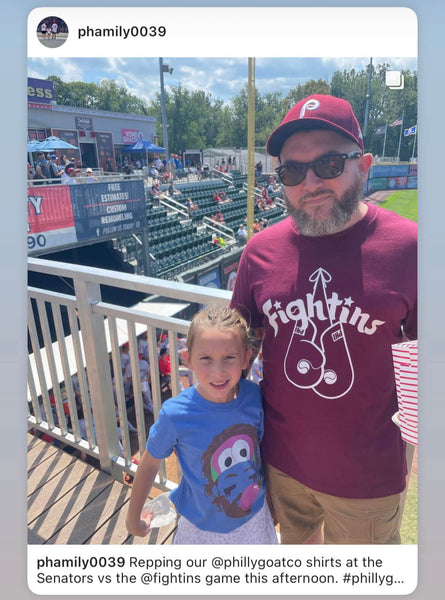 Philadelphia Phillies fan wearing a maroon Fightins t-shirt from Phillygoat