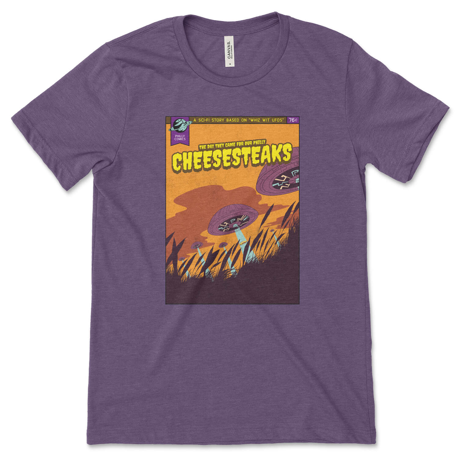 Philadelphia comics alien ufo invasion cheesesteak heather purple t shirt from Phillygoat