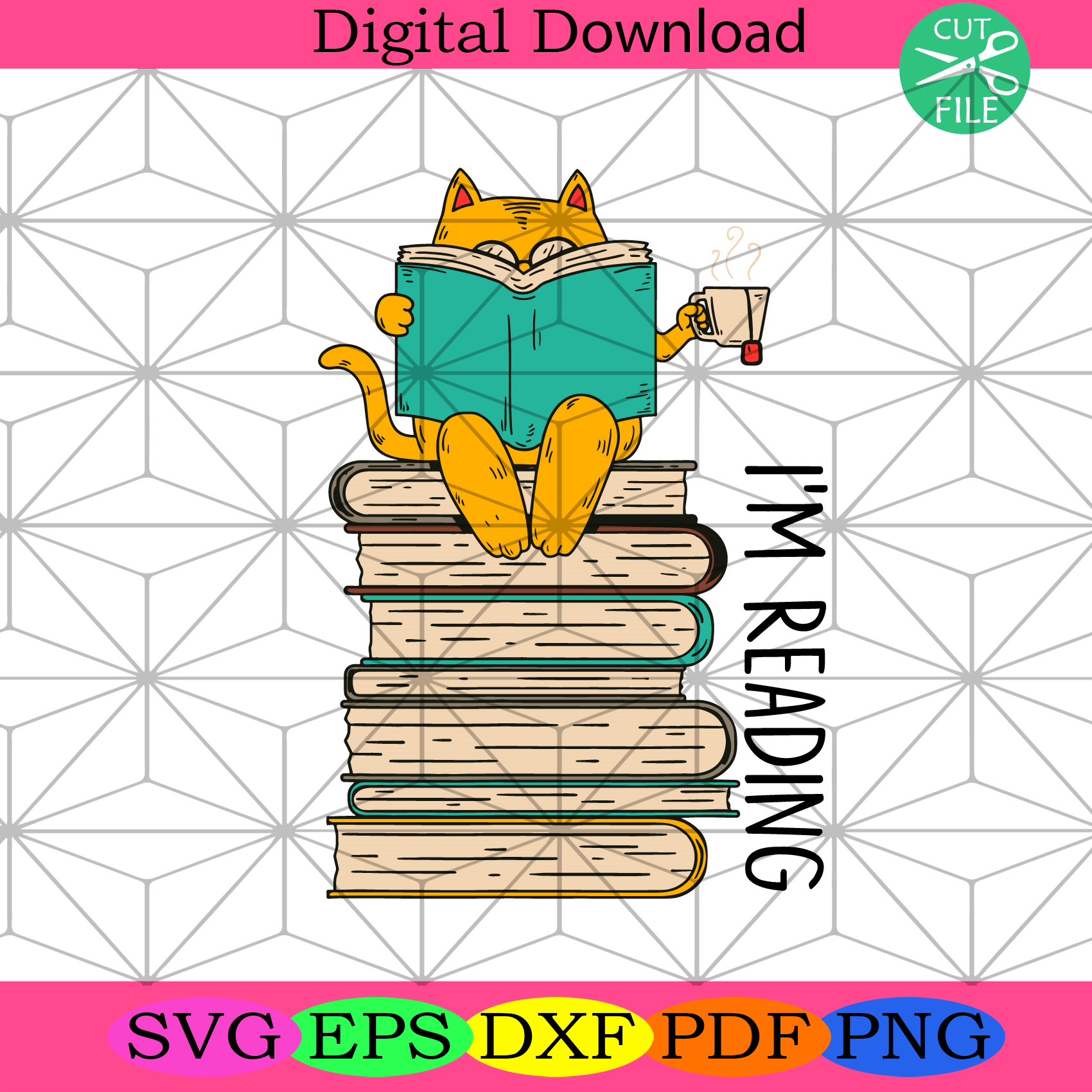 Cat Reading Book Svg Trending Svg, Cat Svg, Reading Svg, Cup Of Tea