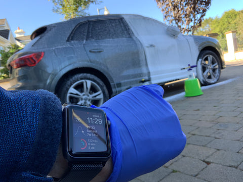 Autoglym Polar Blaster with Karcher Snow Foam Gun showing starting time with Apple Watch