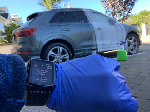 Autoglym Polar Blaster with Karcher Snow Foam Gun on Audi Q3 showing 4 minutes time with Apple Watch