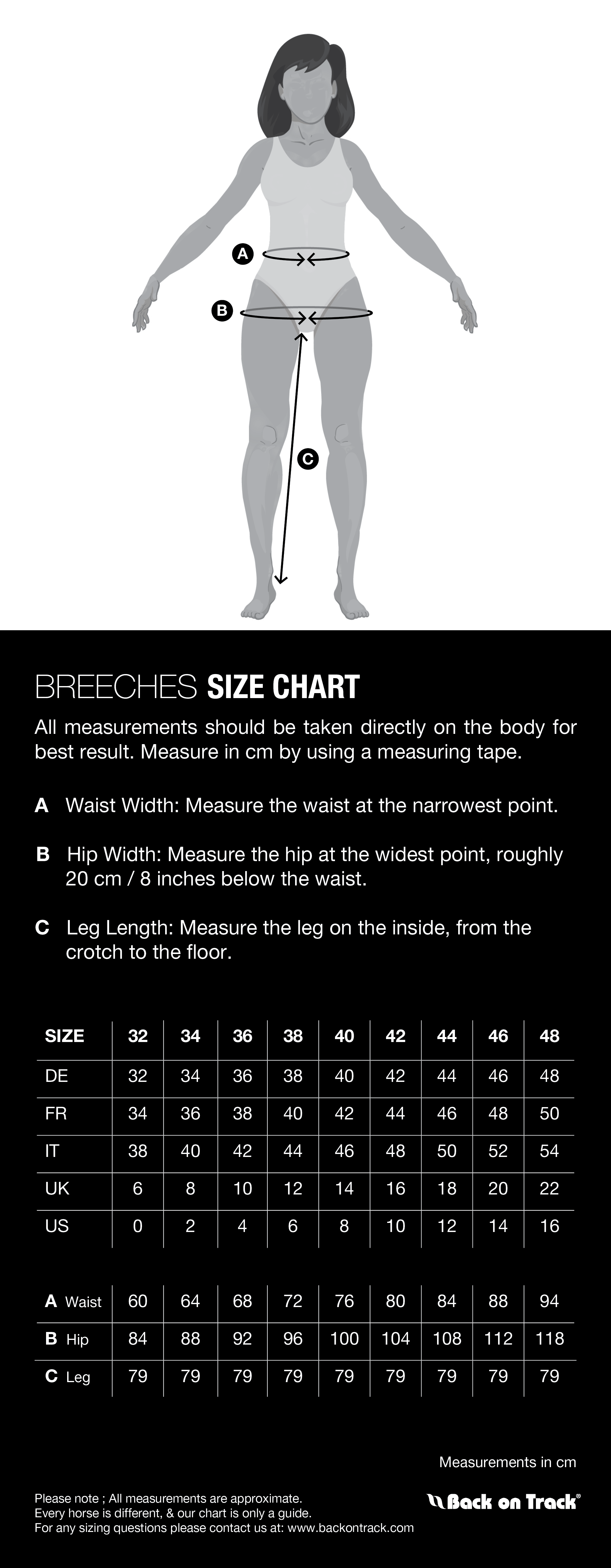 BREECHES SIZE CHART – Back on Track Worldwide