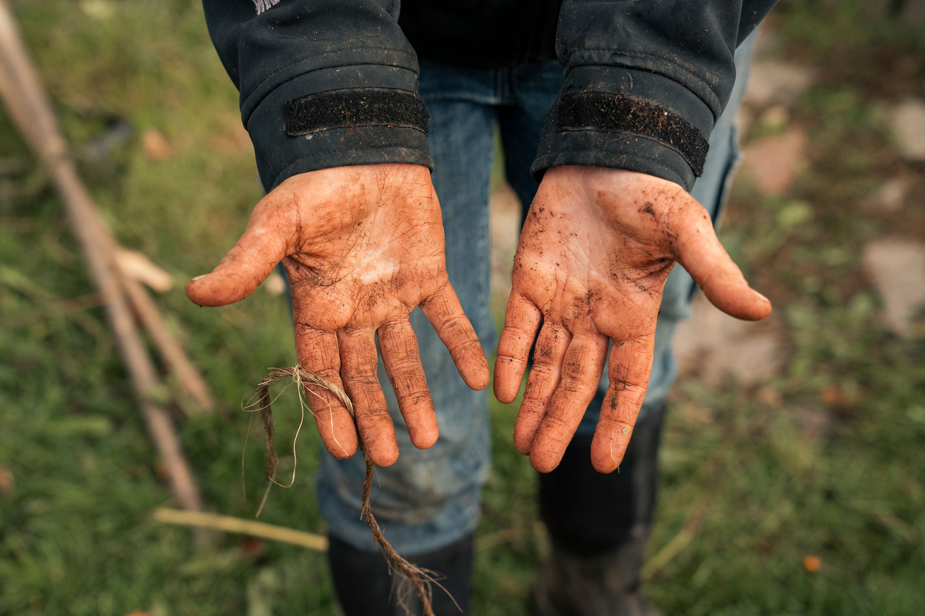 Person showing their dirty hands after working on an allotment 