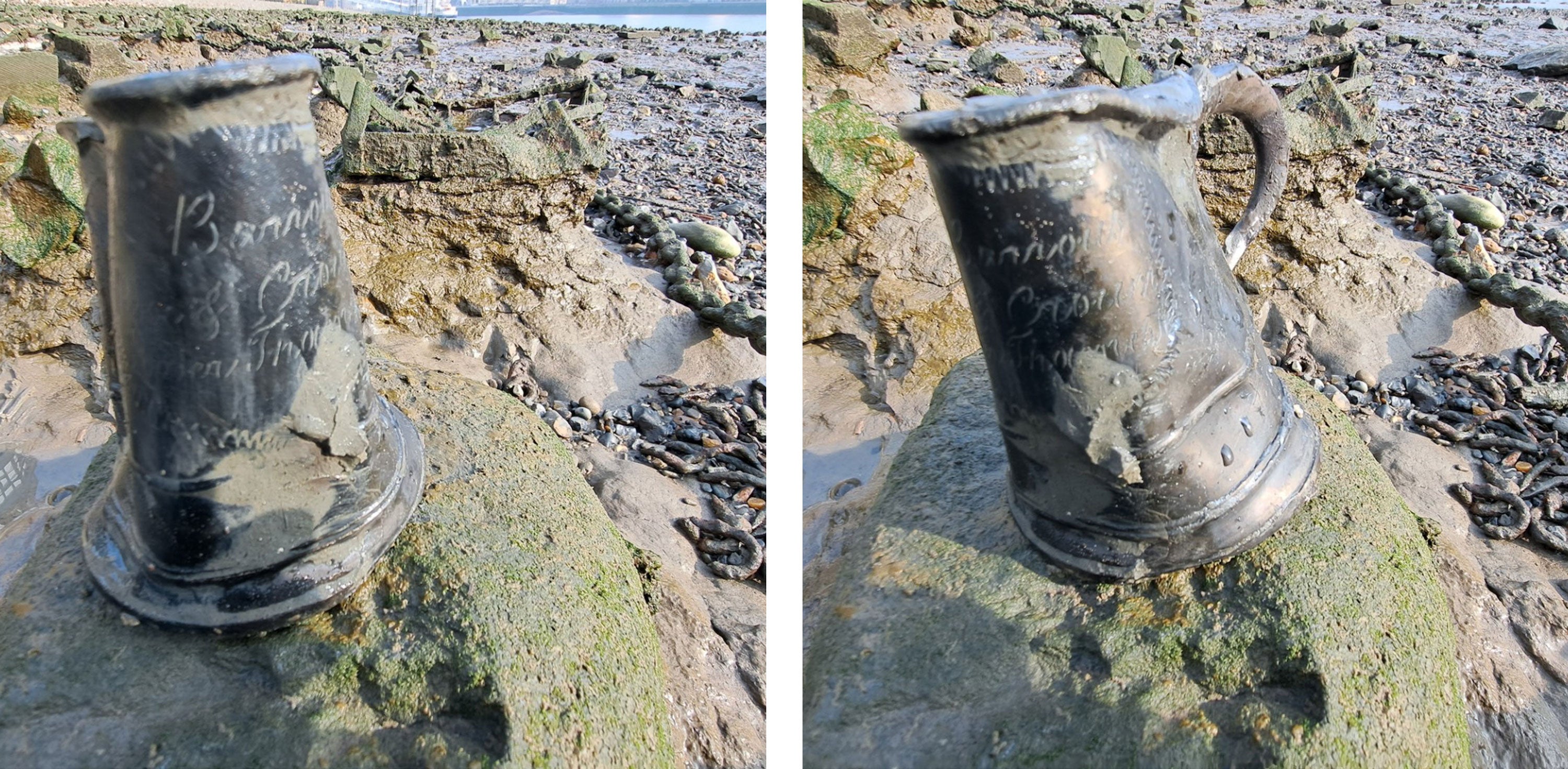 Two images of a metal pewter tavern mug, retrieved from the River Thames