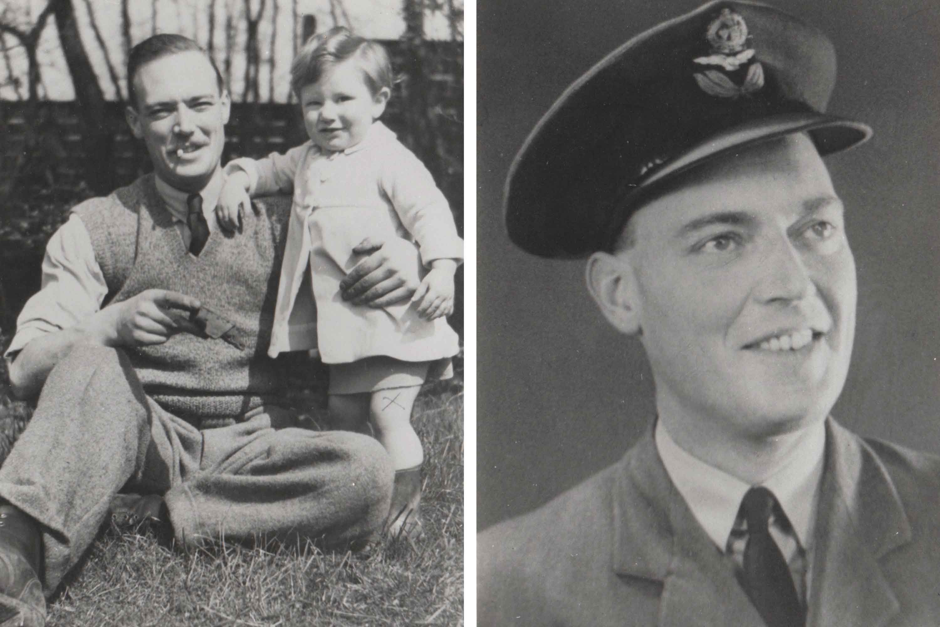 Black and white image of Adrian Beare as a child with his father, Lennie sat outside. On the right is a black and white image of Adrian in RAF uniform