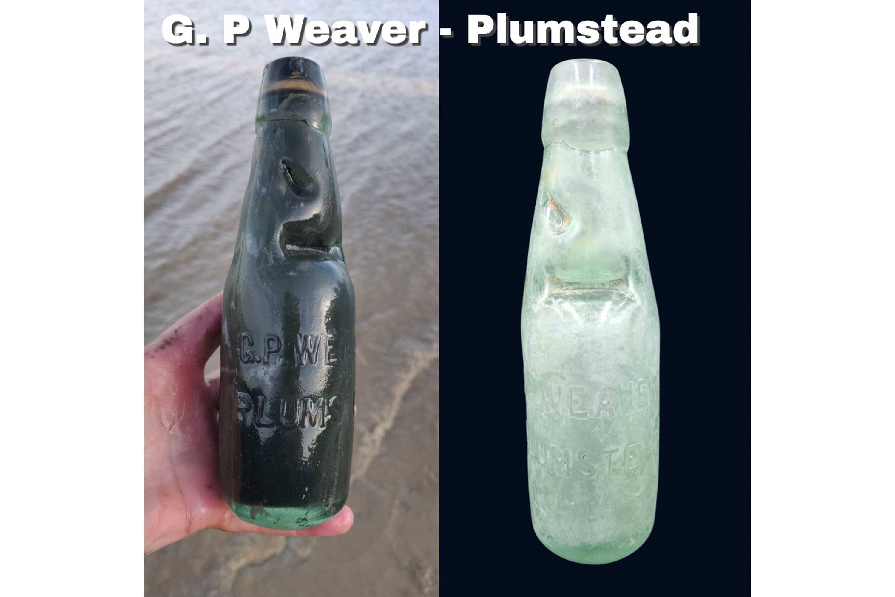 Split image showing a hand holding a bottle with the inscription 'G.P. WEAVER PLUMSTEAD' over water and the same bottle alone on a dark background