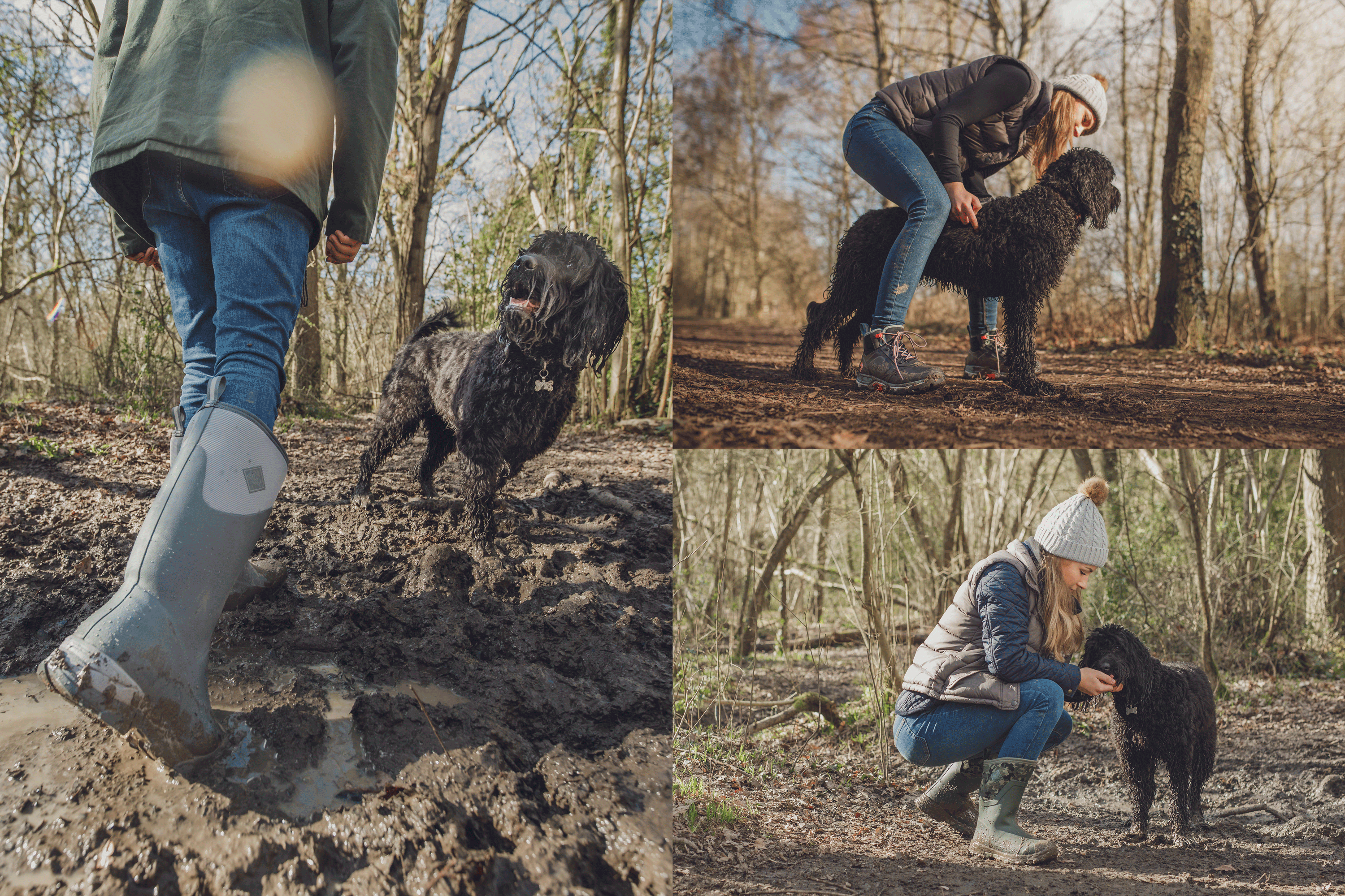 Wet dog looking up at owner wearing Muck Boots. Woman owner in a bobble hat wearing Muck Boots leaning over and scratching her dog. Woman owner in bobble hat and Muck Boots crouched down giving her dog treats.