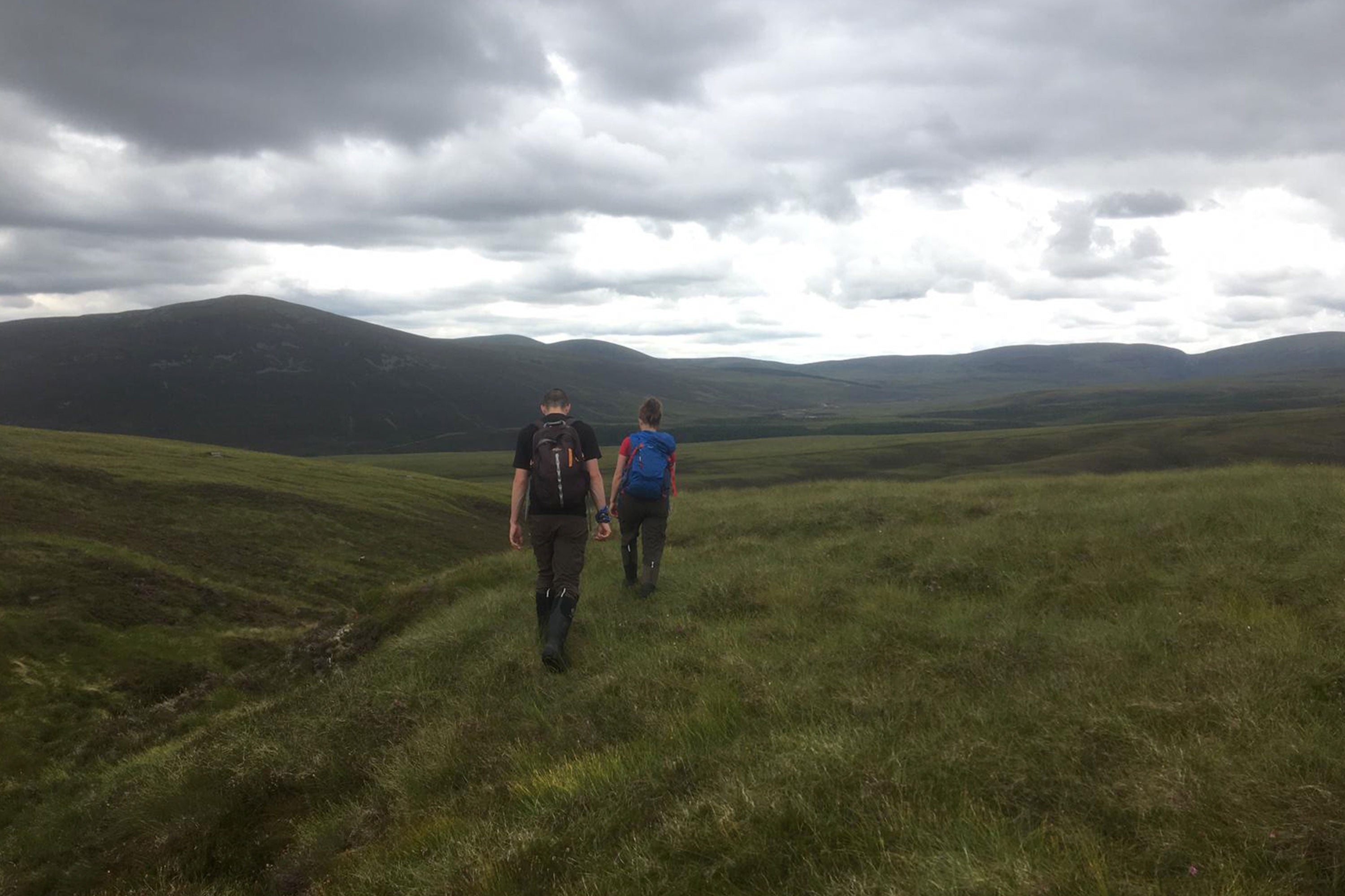 Lou and Jamie walking through Glen Tromie looking for potential release sites