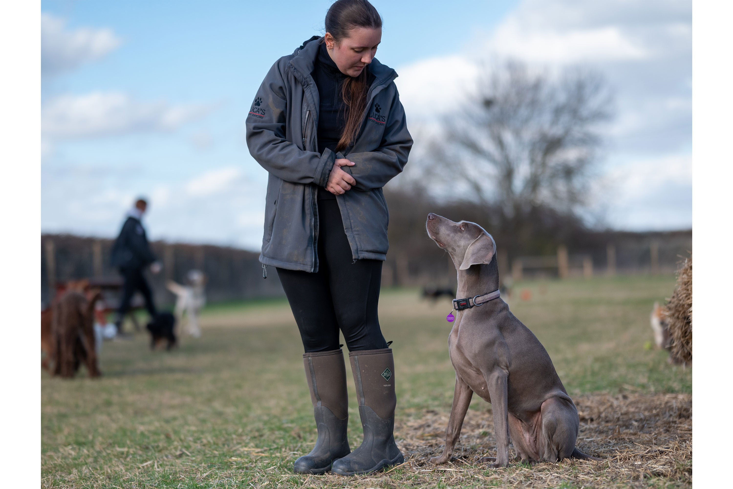 A dog looking up at its handler who's wearing a pair of Muck Boots