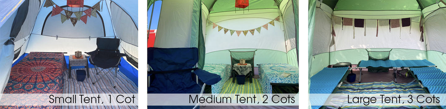Small, medium, and large tent interior photos