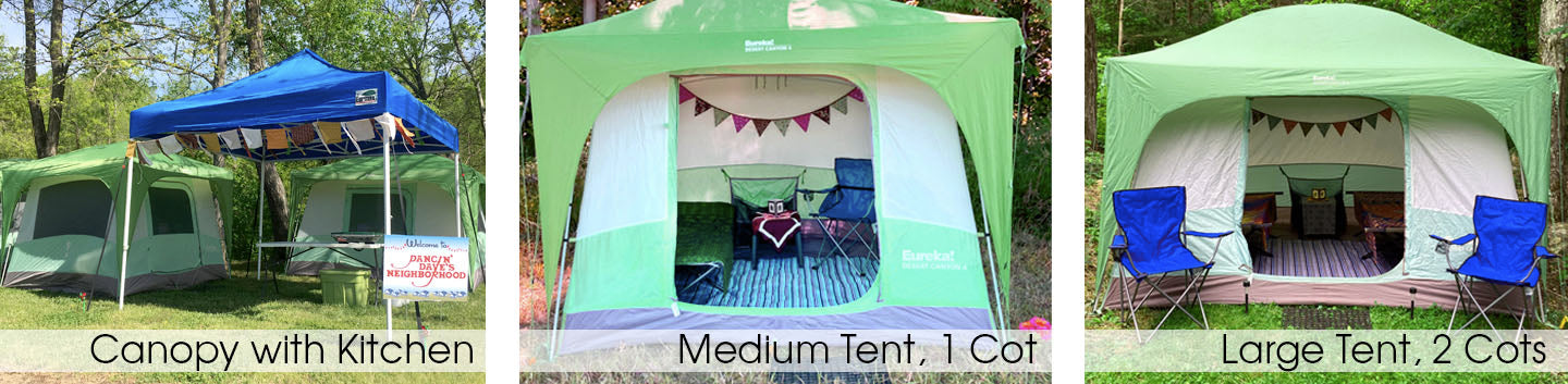 Canopy with kitchen, medium, and large tent photos