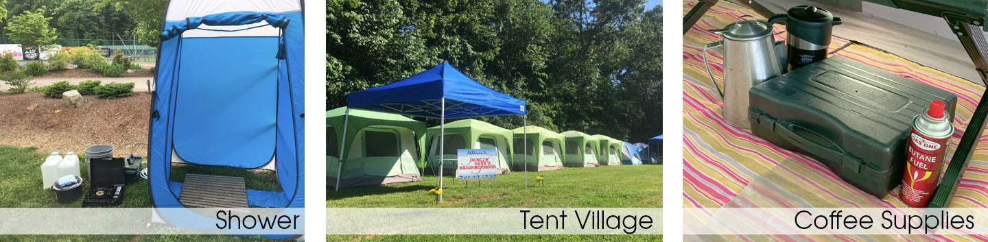 Shower, tent village, and coffee supply photos