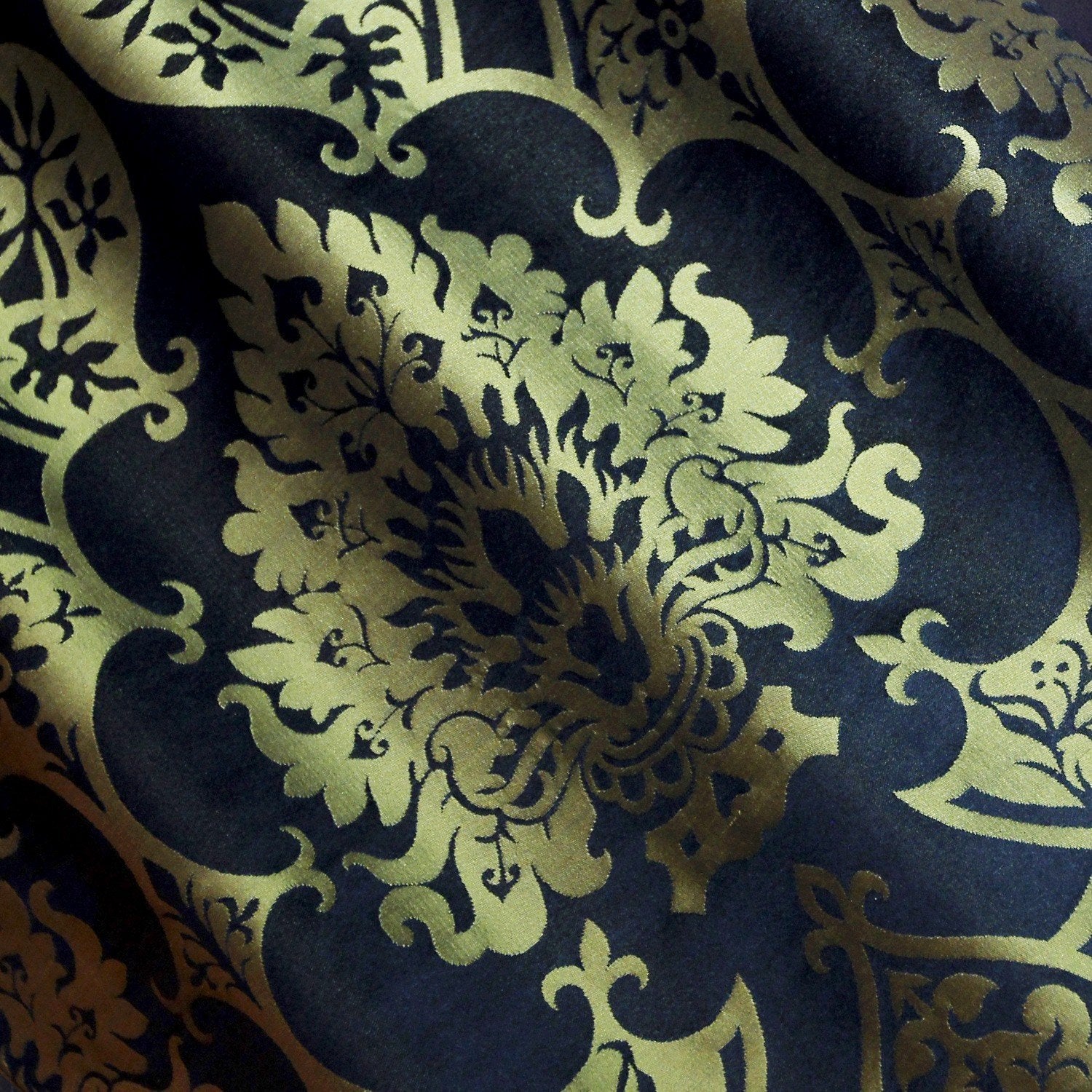 'Gothic' silk damask in Black & Gold