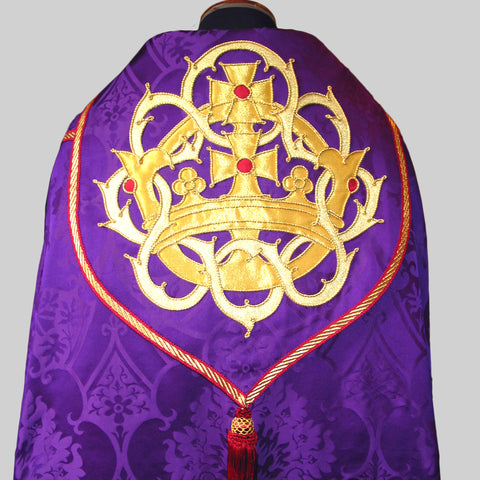 Cope hood depicting a hand embroidered Crown of Thorns on our Royal Purple 'Gothic'