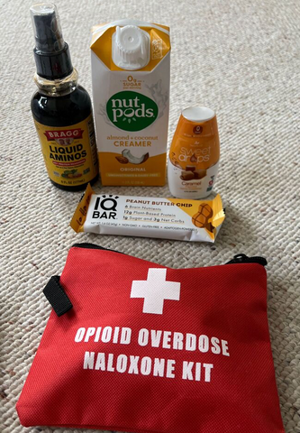 image of healthy food and a drug overdose kit