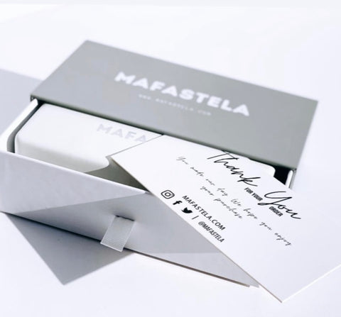 Mafastela care package includes a case, microfibre cleaning and thank you card.