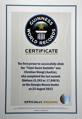 Zertifikat Triple Seven Summits Christian Stangl Guiness World Record