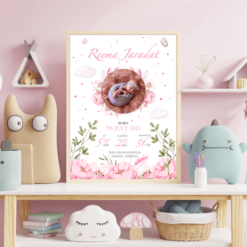 Floral Birth Details Baby Girl Poster, New Baby Gift Personalised