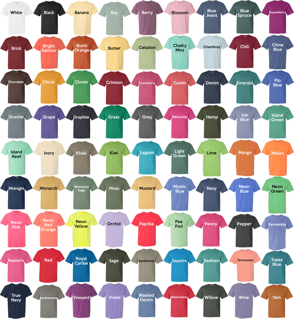 Comfort Colors Size and Color Chart – Peachy Keen Prints