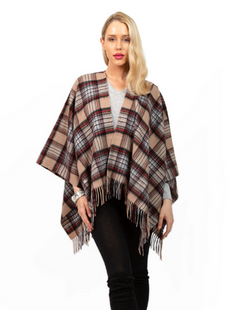 EDINBURGH LAMBSWOOL LONG TARTAN CAPE STEWART CAMEL