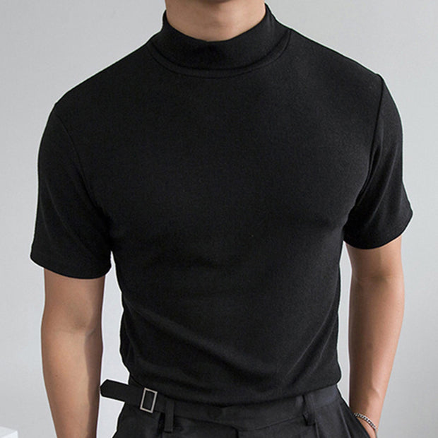 Male Summer Solid T Shirt Blouse High Collar Turtleneck Short