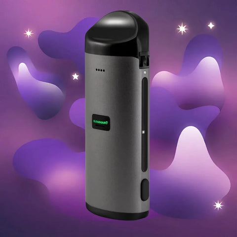 Grey cloudious 9 Vaporizer on a funky purple background