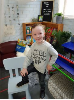 William in his never give up jumper