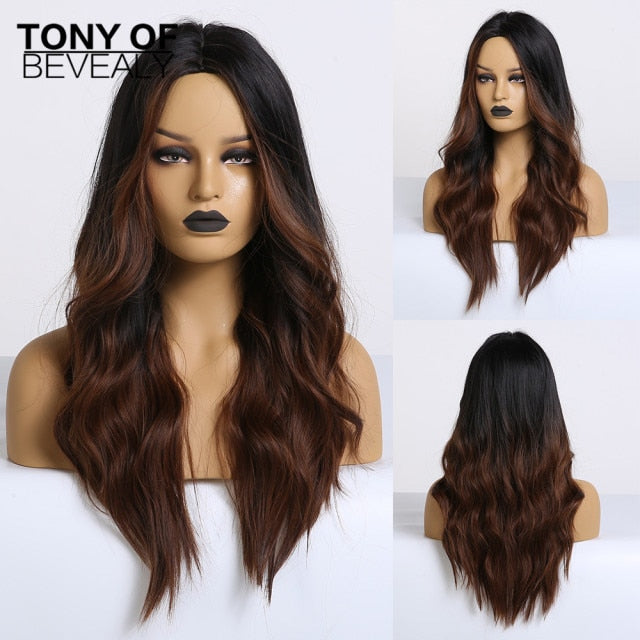 Long Water Wavy Synthetic Wigs Ombre Brown Middle Part Natural Hair Wigs For Women Cosplay Wigs Heat Resistant Fiber