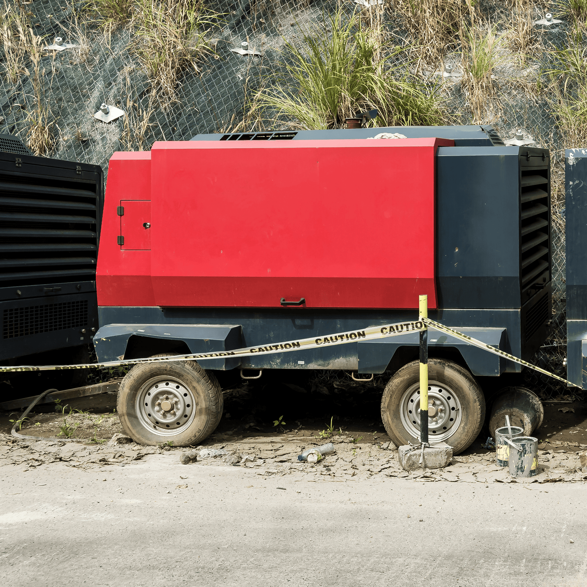 A red air compressor sitting in front of a chain fence on a concrete roadside