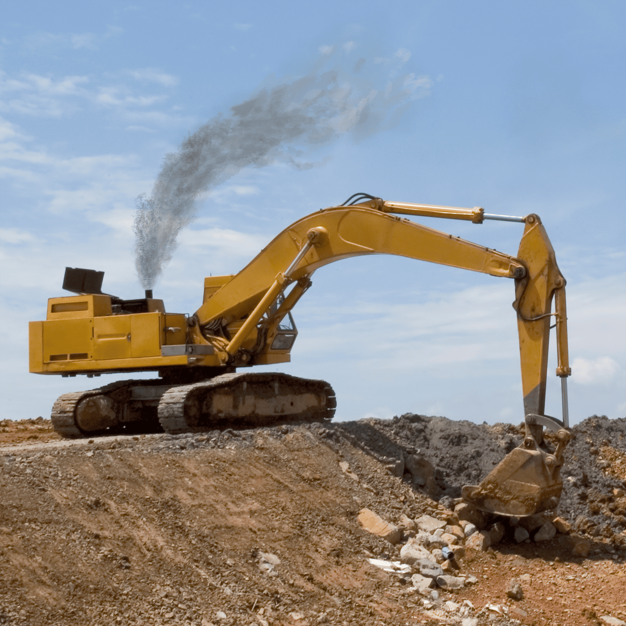 An excavator with a smoke trail coming from the top