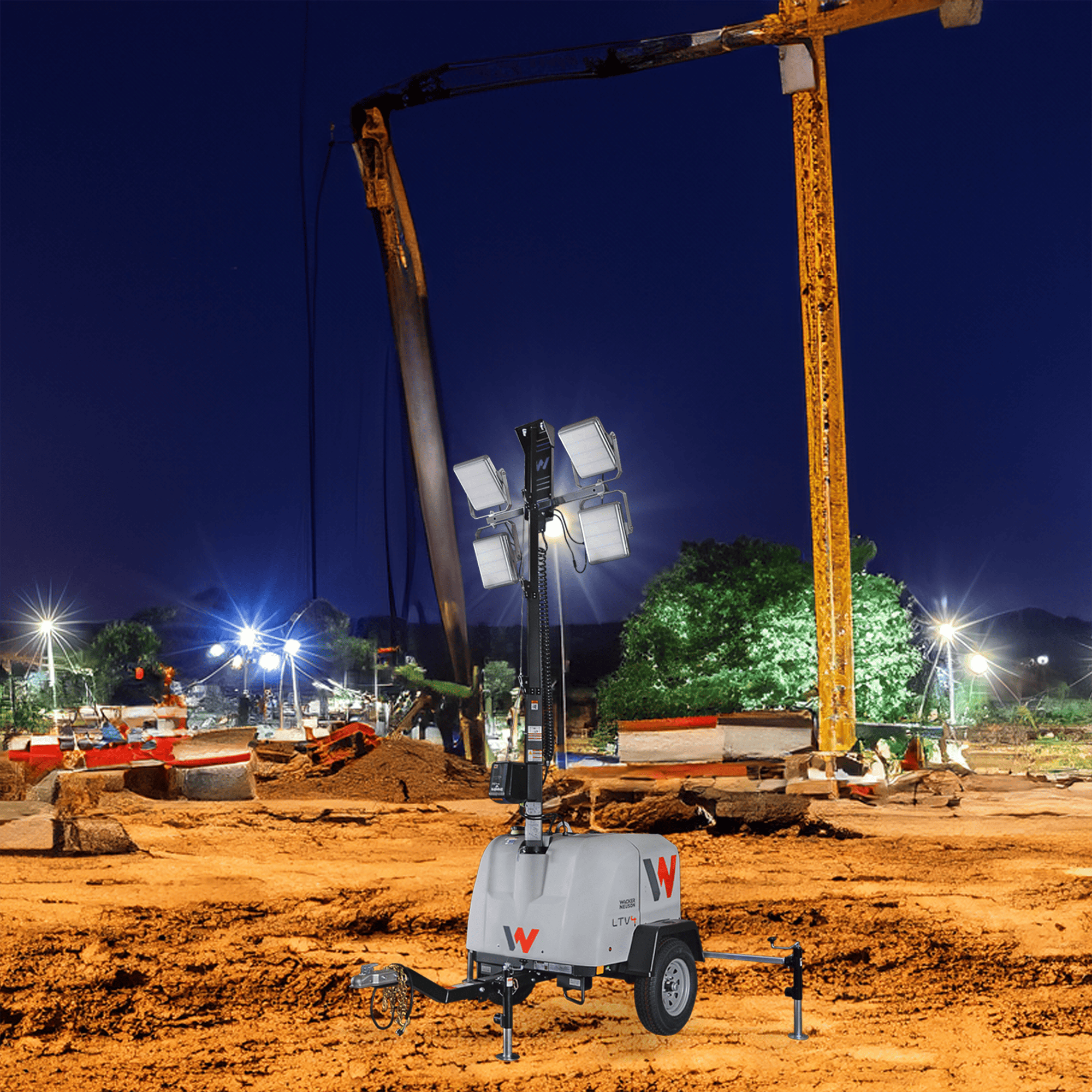 A job site at night with a Wacker Neuson Light Tower photoshopped incredibly well onto the foreground