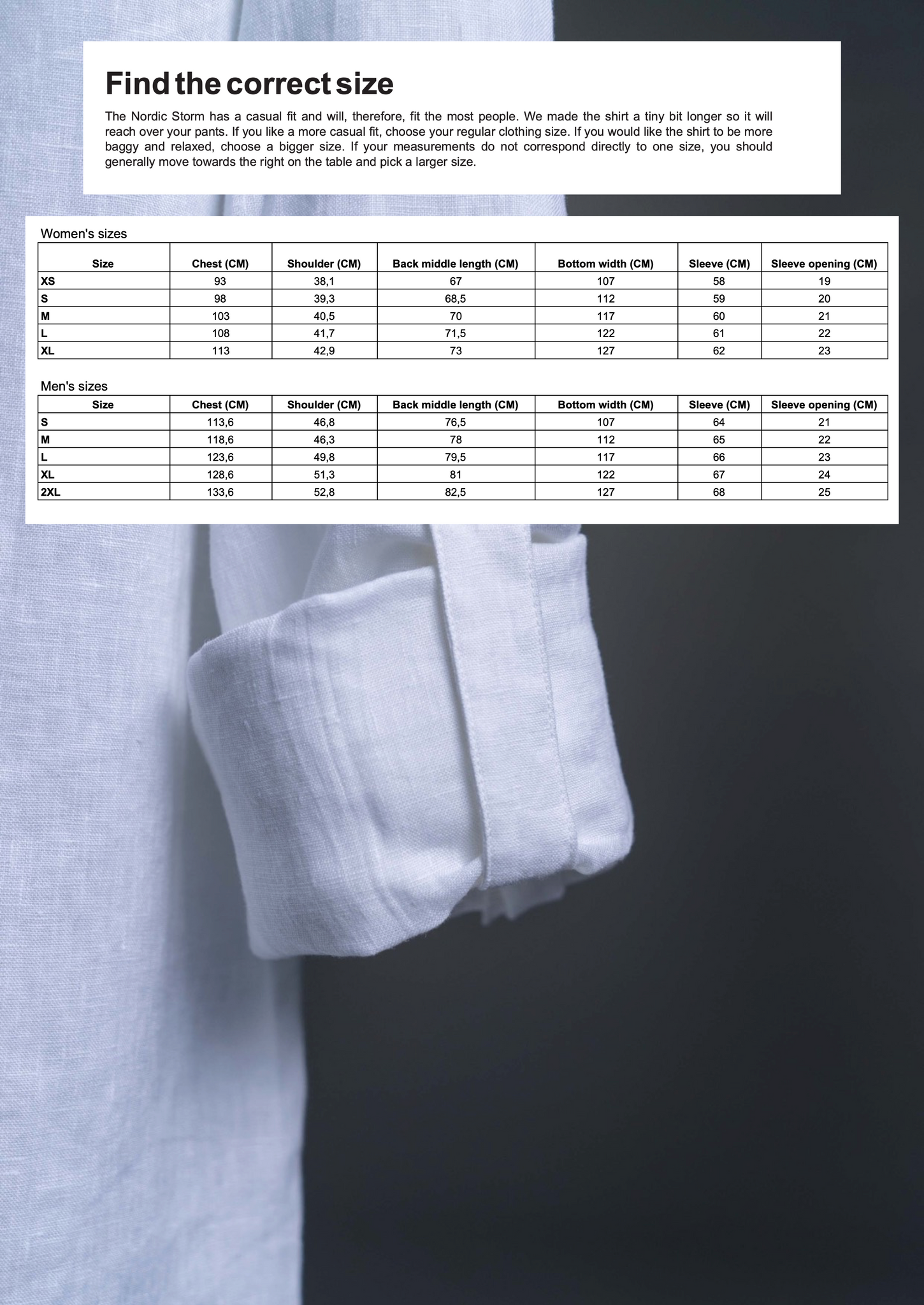 The Nordic Storm sizing chart