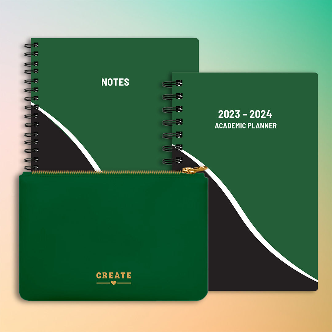 Picture of a custom notebook, Academic Planner, and Planny Pouch Define made for Utah Valley University.