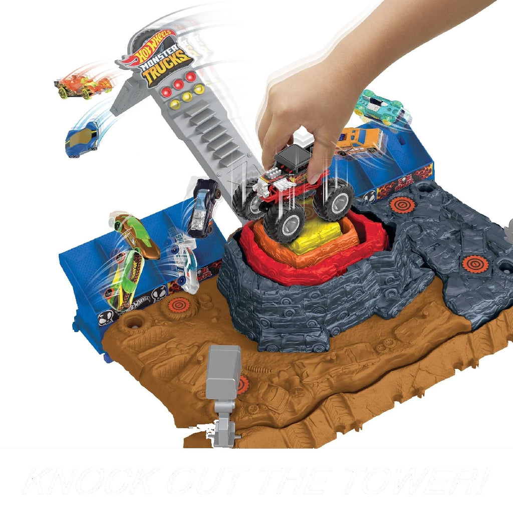 Hot Wheels Monster Truck T-Rex Volcano Arena Track Playset with Lights &  Sounds