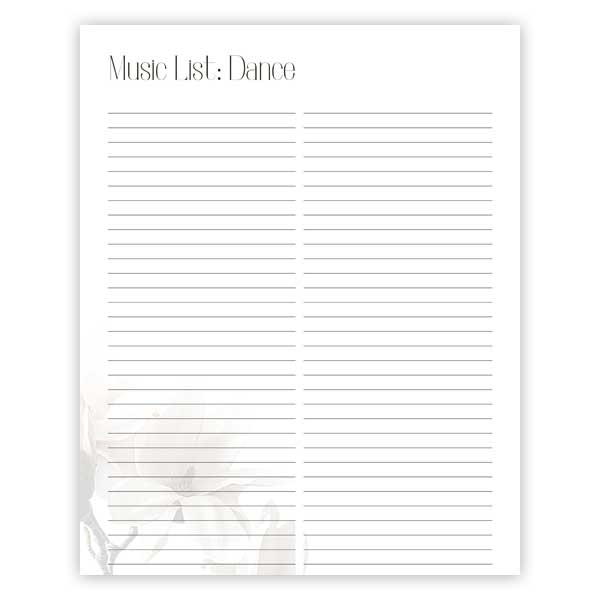 free printable page for wedding planning music list