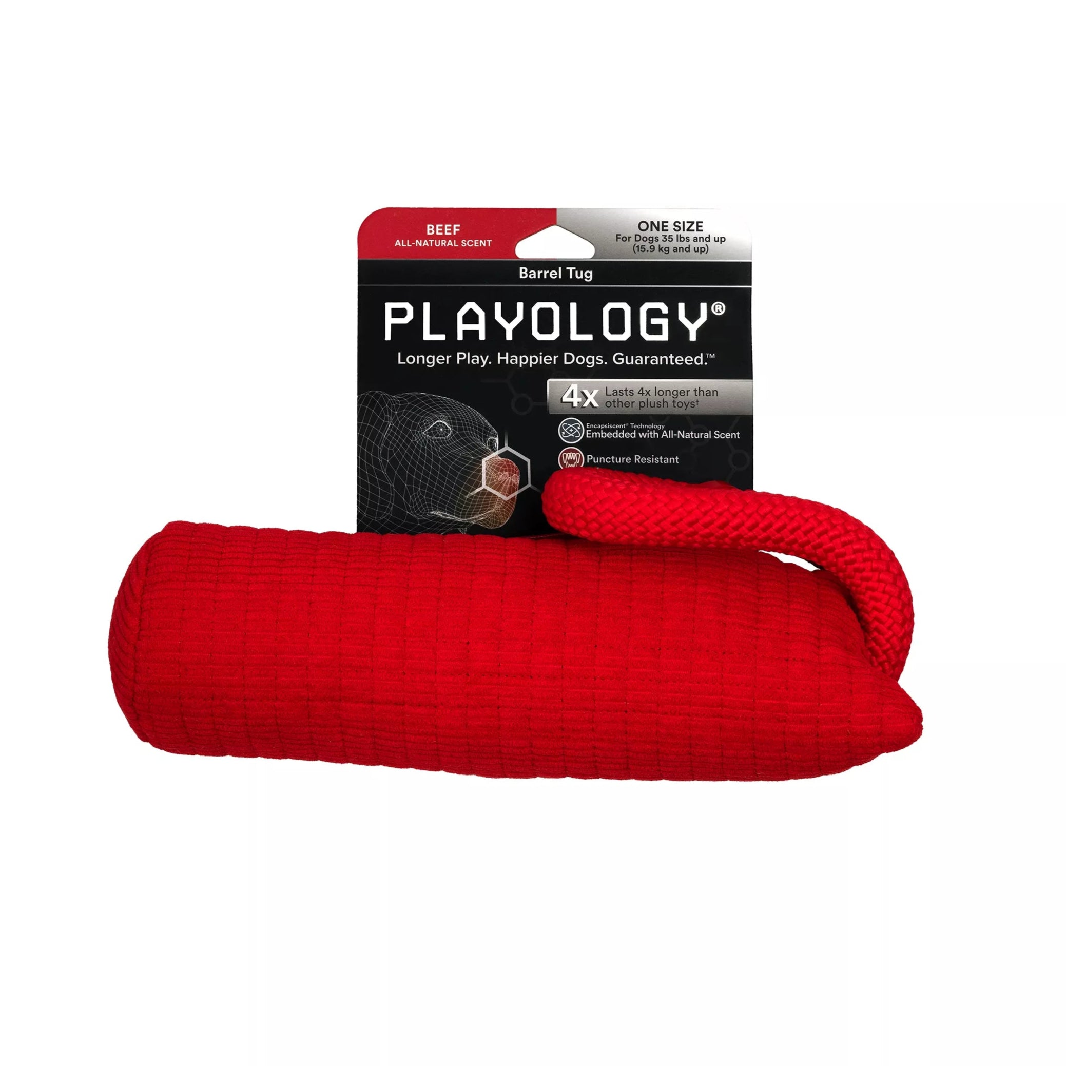 Playology Barrel Tug Dog Toy – Beef Scented (Durable Plush with Rope Handle)