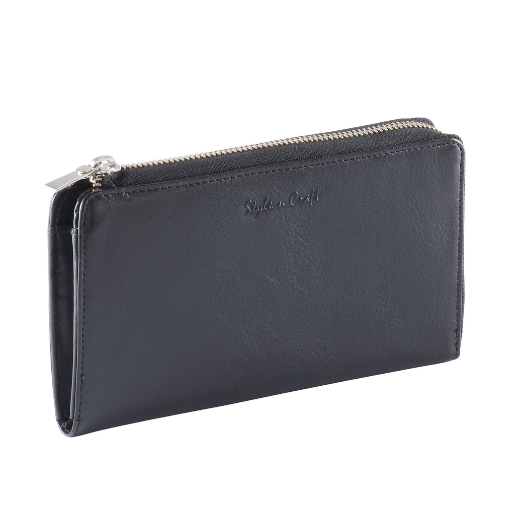 Ladies Zippered Leather Clutch Wallet in Black | Style n Craft | #301966-BL