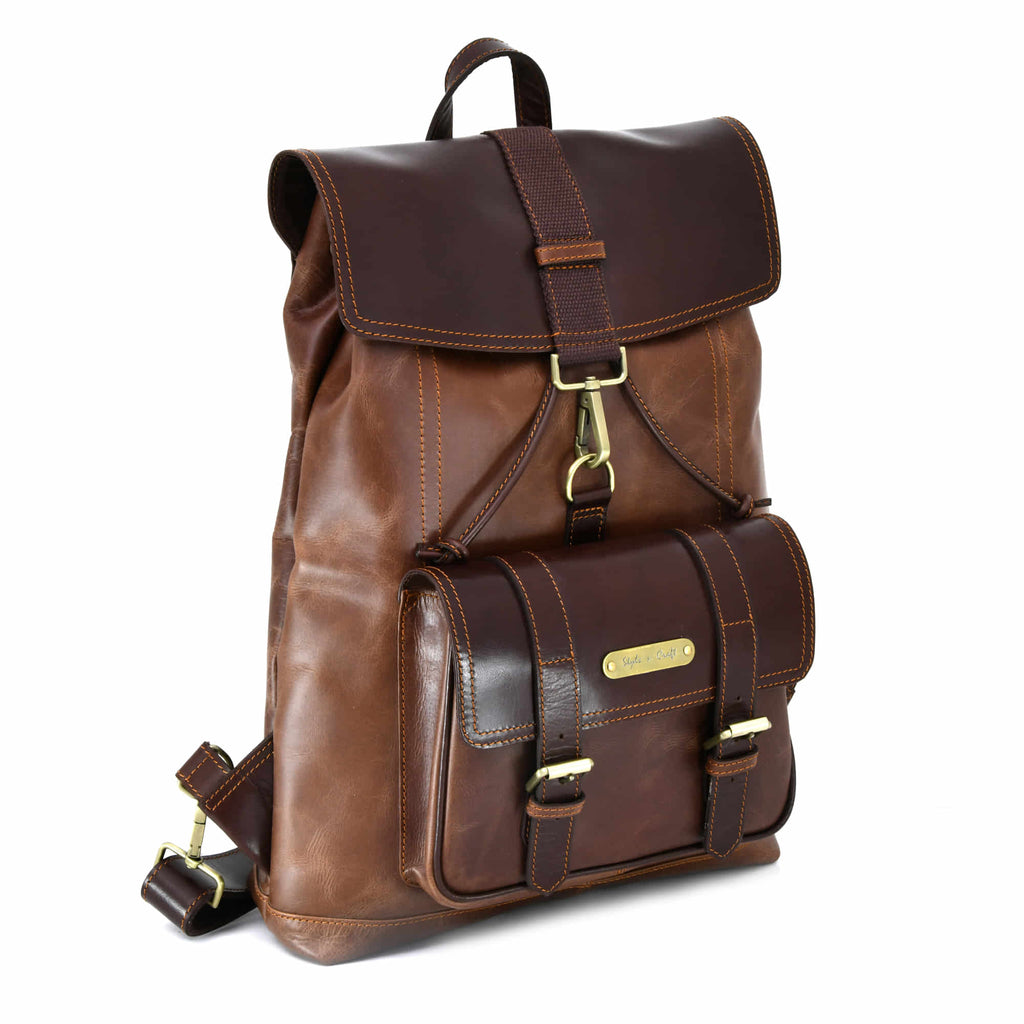 Tall Backpack in Full Grain Leather | Light & Dark Brown Combination ...