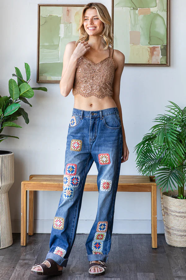 Washed Crochet Square Denim Jeans