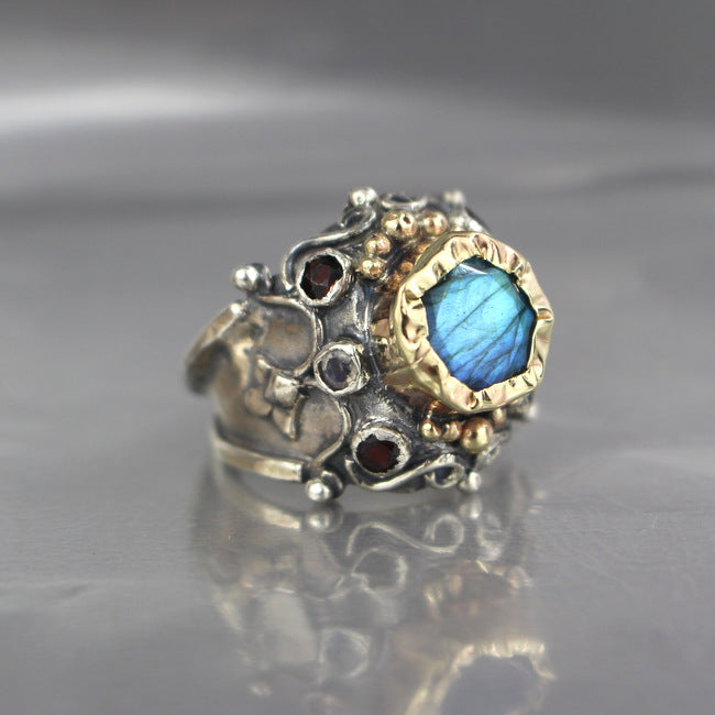 Labradorite Gold and Silver Pirate Ring – Yifat Bareket Jewelry Designs