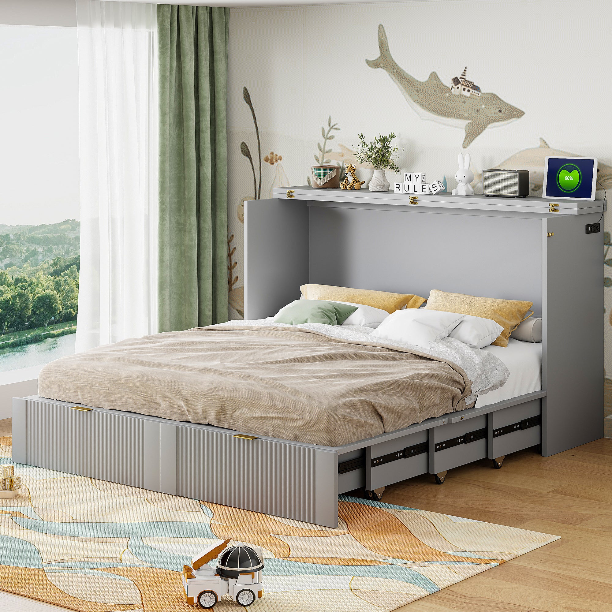 Queen Size Murphy Bed with drawer and a set of Sockets & USB Ports, Pulley Structure Design, Gray