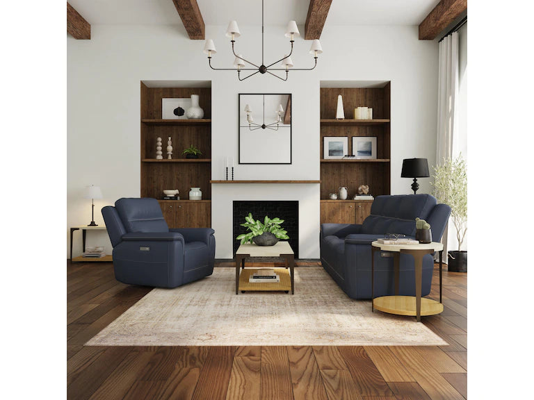 Flexsteel Sawyer Power Reclining Sofa with Power Headrests, Lumbar Support, and a Stylish Blue Hue