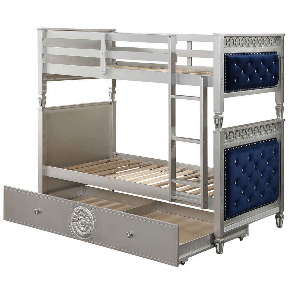 Varian Twin Over Twin Bunk Bed: Blue Velvet Accent with Silver Finish
