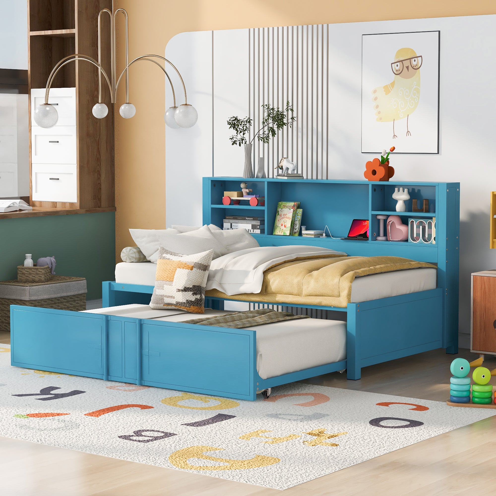 Blue Metal Twin Size Daybed with Twin Size Trundle, USB Ports, and Storage Shelves
