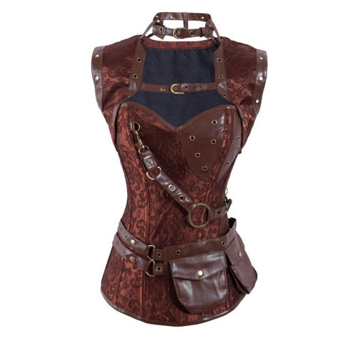 ATOMIC BROWN STEAMPUNK HIGH NECK OVERBUST CORSET AND SHRUG