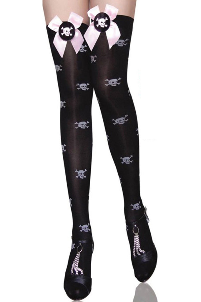 Atomic Black Skull Thigh High Stockings With Pink Bow Atomic Jane Clothing