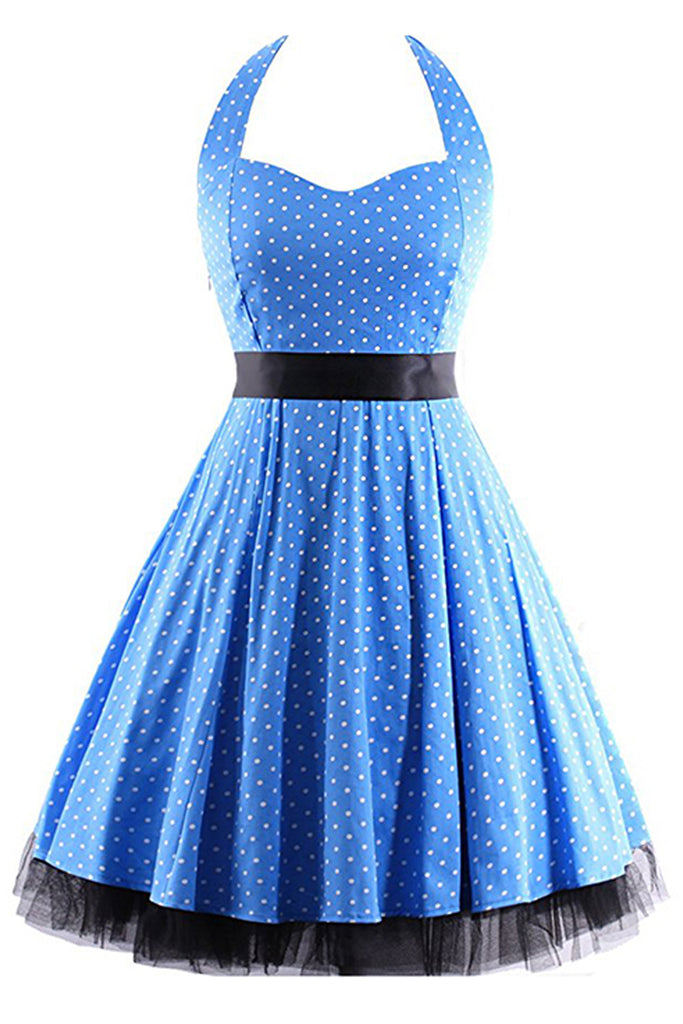 blue polka dot swing dress