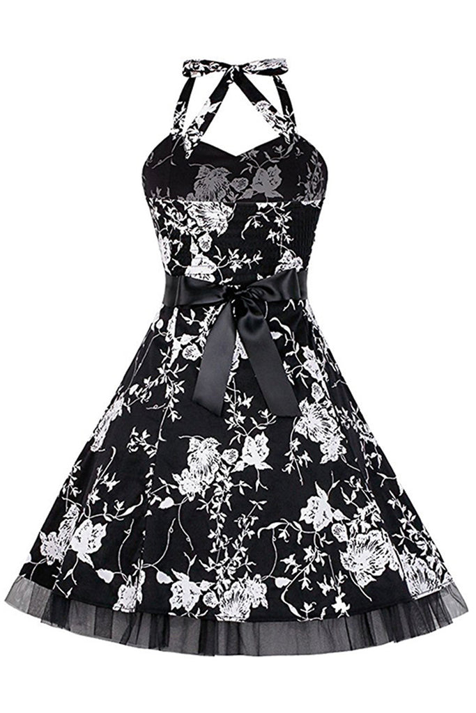 Atomic Black and White Floral Halter Dress | Atomic Jane Clothing