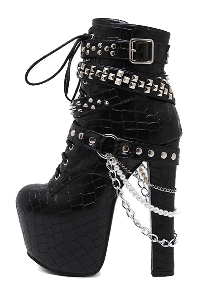 Black Studded Snakeskin Platform Boots 